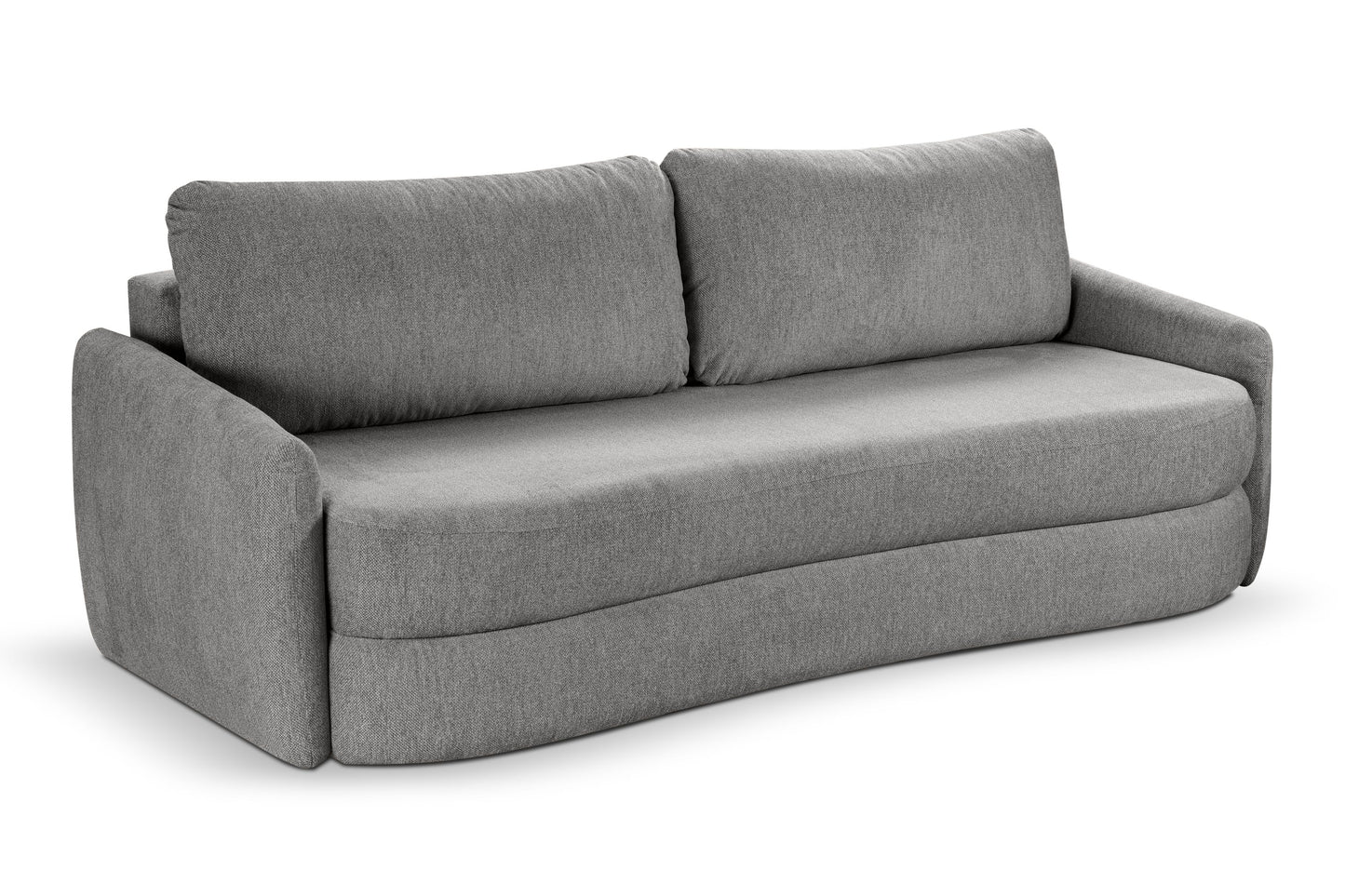 Schlafsofa mit Schlaffunktion, grauer Stoff, zwei Rückenkissen, gepolsterte Armlehnen