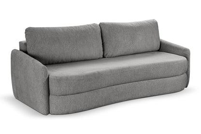 Schlafsofa mit Schlaffunktion, grauer Stoff, zwei Rückenkissen, gepolsterte Armlehnen