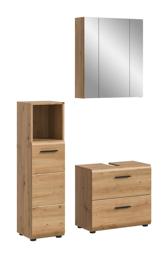 3-teiliges Badmöbel-Set aus hellem Holzdekor mit Spiegel, Schrank und Kommode
