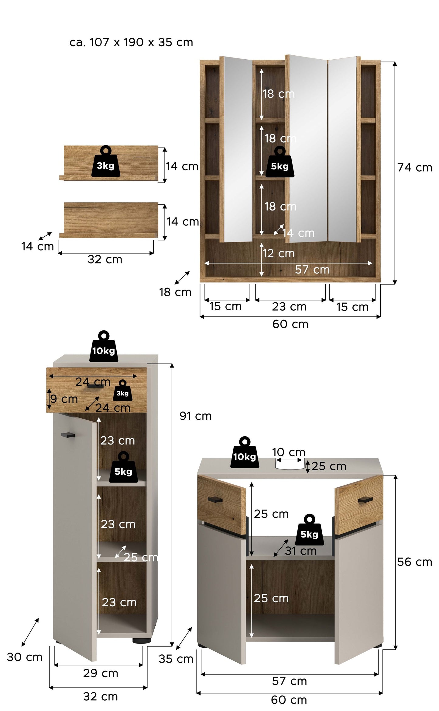 Ensemble de salle de bain AQUA (L/H/P : env. 107/191/35 cm) en cachemire/cachemire
