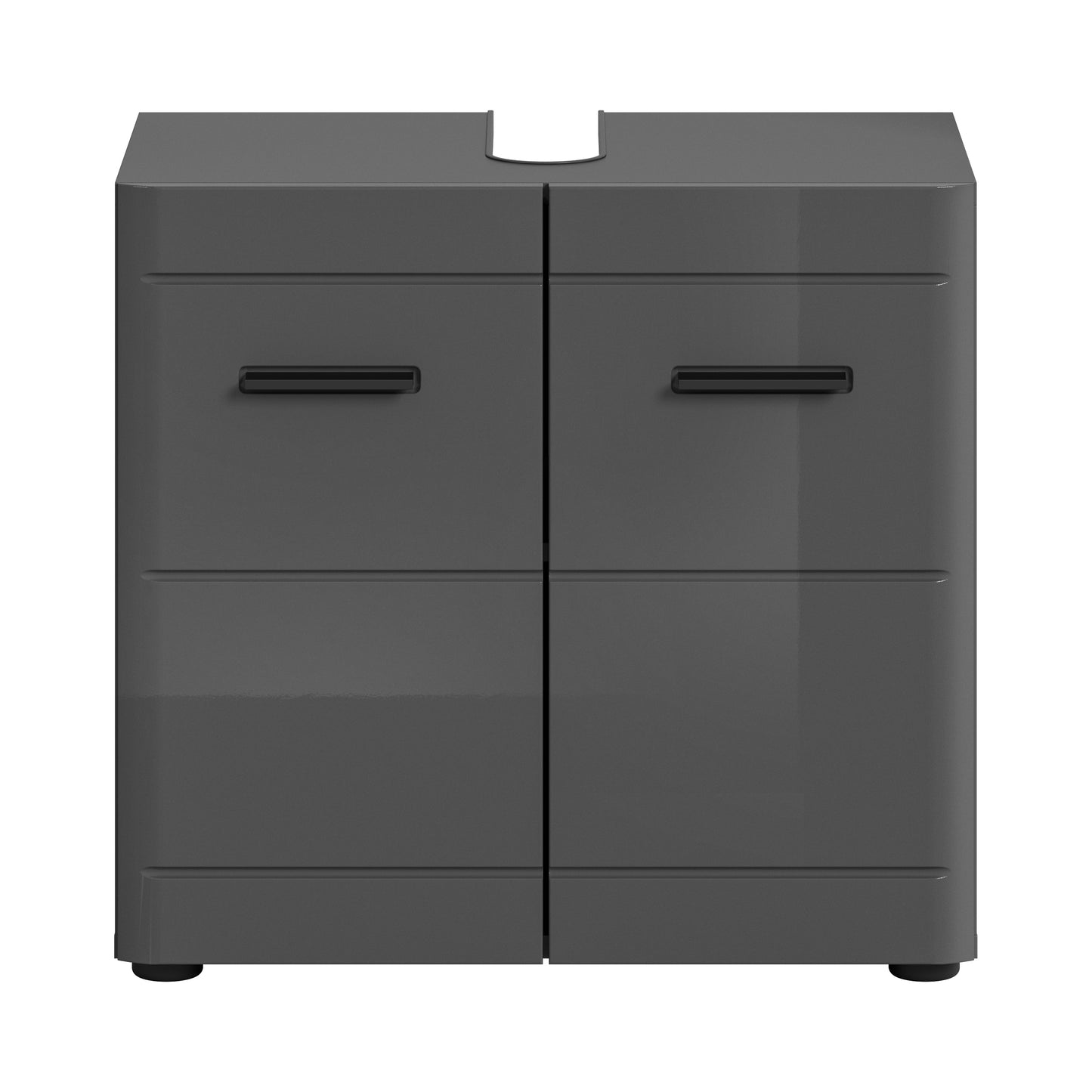 Waschbeckenunterschrank 60 cm breit, grau Hochglanz, mit zwei Türen und langen Griffen