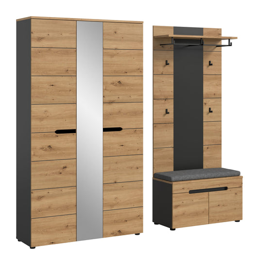 Garderoben-Set mit Holzschrank und Mittelspiegel, dazu Sitzbank mit Sitzkissen