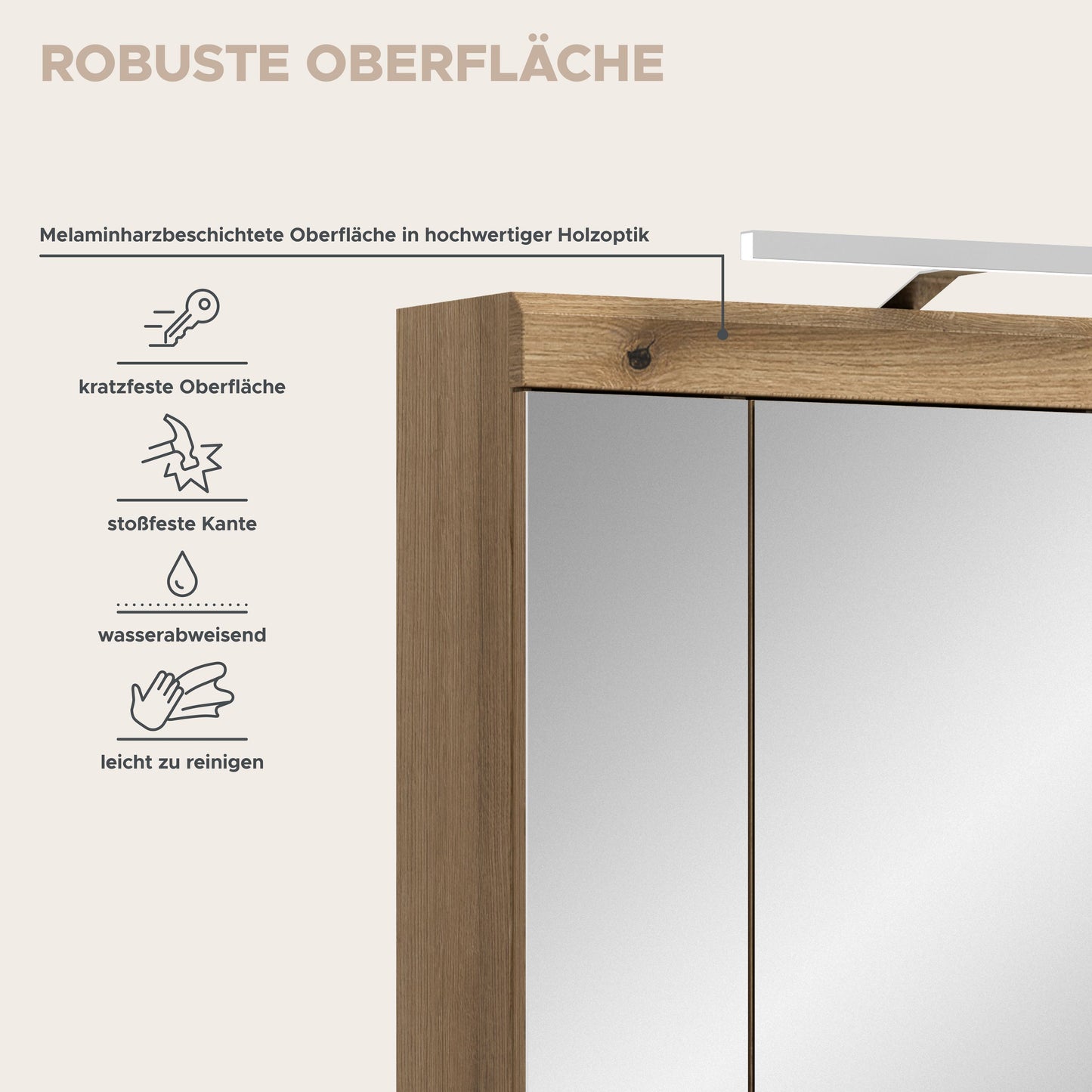 Armoire de toilette avec éclairage SCOUT (L/H/P : env. 60/79/18 cm) en imitation chêne Evoak/verre miroir