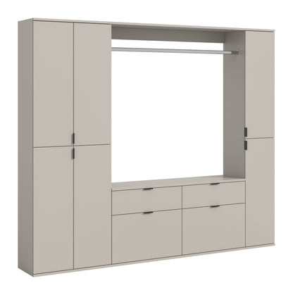 Garderoben-Schrank mit offenen Fächern, Kleiderstange und Schubladen, hellgraues Design