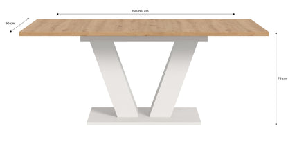 Esstisch mit Holzplatte und weißem X-Gestell, Maßangaben 150–190 x 76 x 90 cm