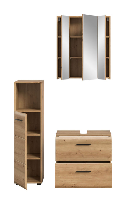 Badmöbel-Set 3-teilig: offener Schrank mit Holzinnenraum, Spiegel und Kommode im Holzdekor