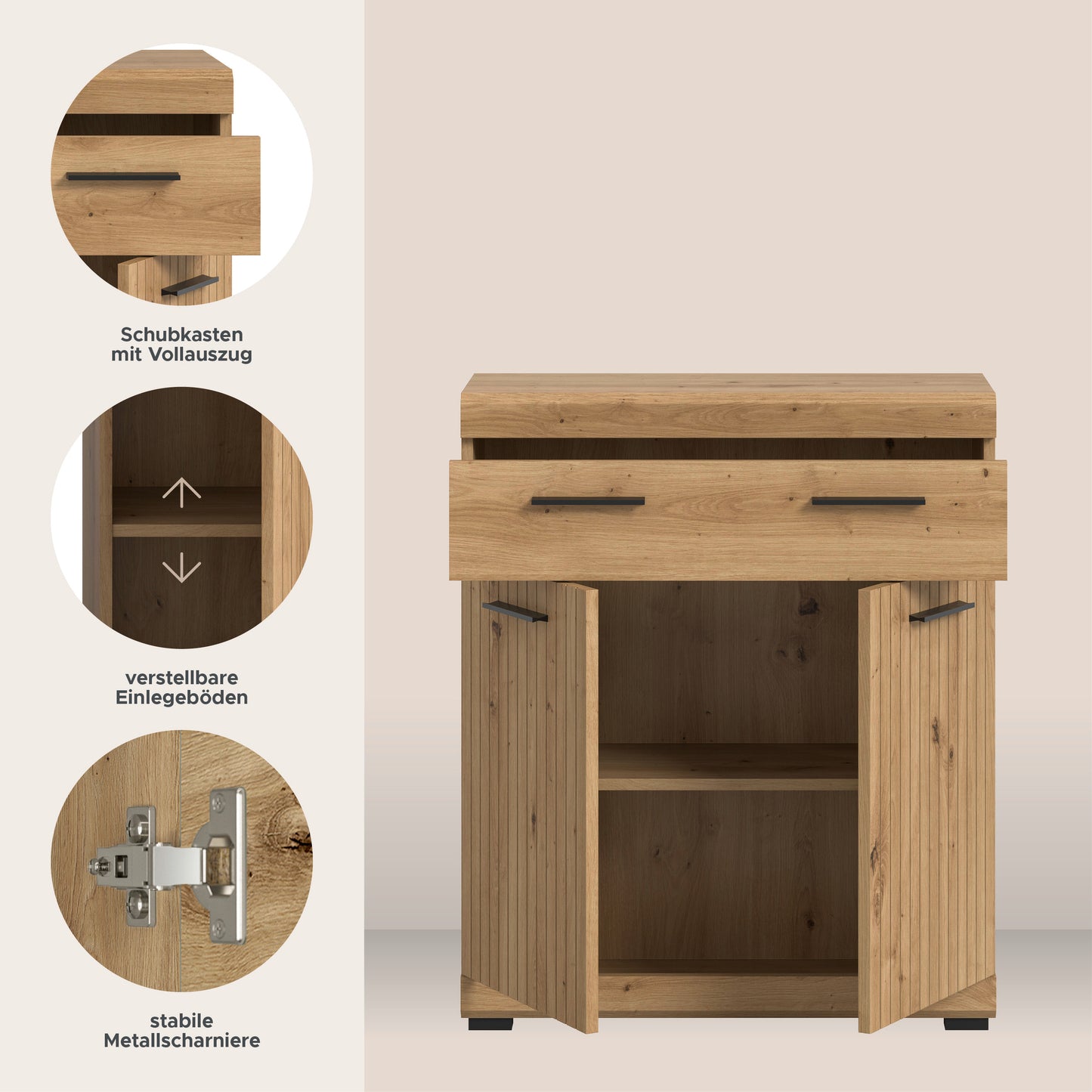 Badkommode breit mit Schublade, zwei Türen mit Lamellenfront und Holzdekor