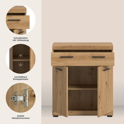 Badkommode breit mit Schublade, zwei Türen mit Lamellenfront und Holzdekor