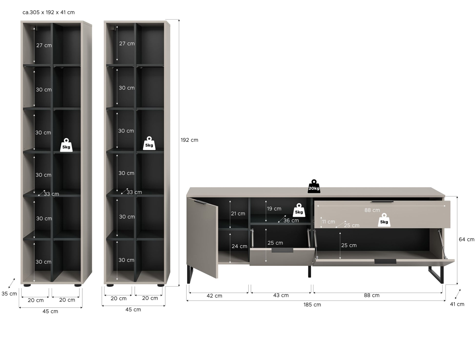 Wohnzimmerschränke-Set 3-teilig: 2 Standregale + TV-Board, kaschmirfarben, mit Maßen