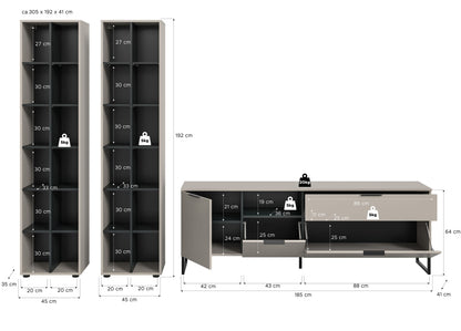 Wohnzimmerschränke-Set 3-teilig: 2 Standregale + TV-Board, kaschmirfarben, mit Maßen
