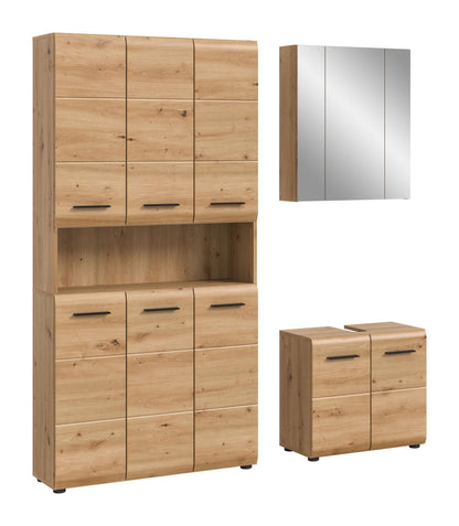 Badmöbel-Set in Eicheoptik: Hochschrank mit Fächern, Schubladen und Spiegelschrank
