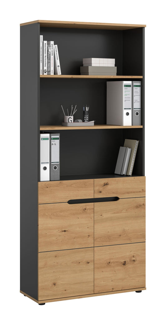Aktenschrank mit Regal, Holzoptik und Anthrazit, offene Fächer und Front mit Griffen