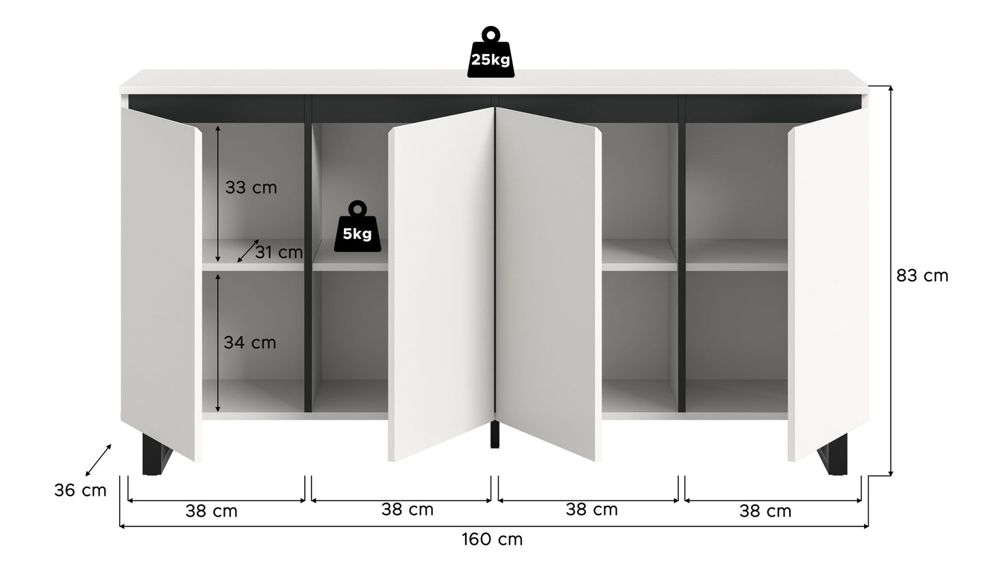 Buffet TOMASA (L/H/P : env. 160/84/36 cm) en imitation Chêne Evoke/imitation Chêne Evoke