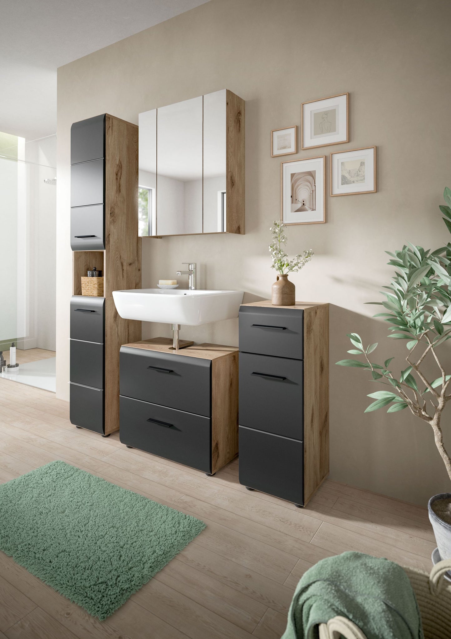Badezimmer-Set mit dunklen Fronten und Holz: Waschtisch mit Schubladen, Spiegelschrank