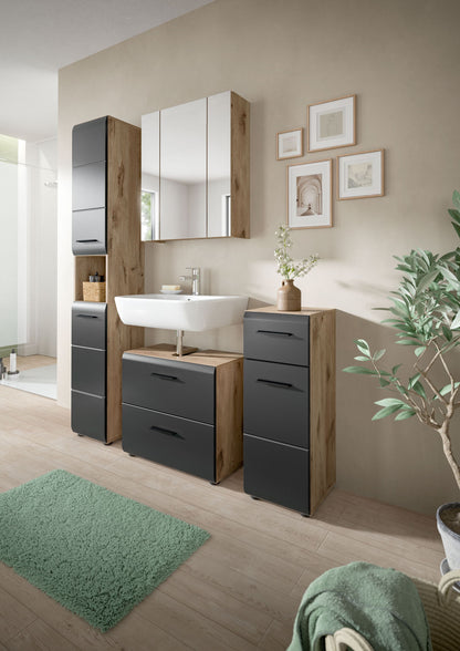 Badezimmer-Set mit dunklen Fronten und Holz: Waschtisch mit Schubladen, Spiegelschrank