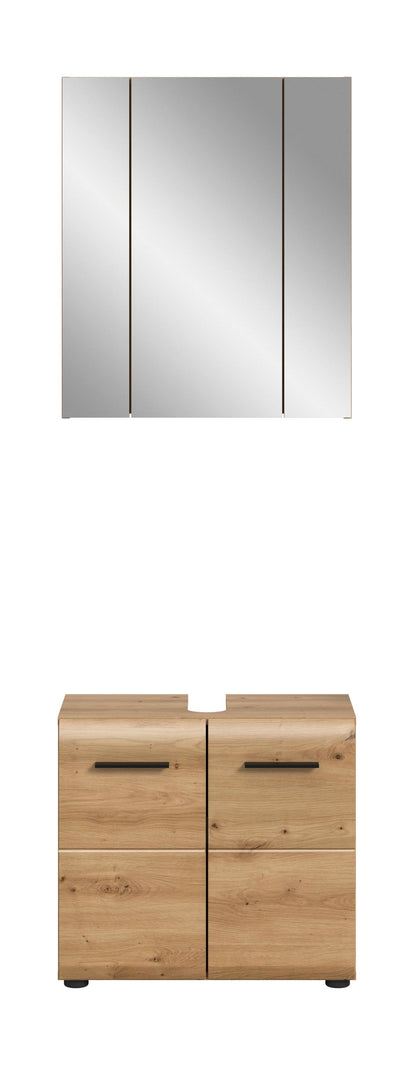 Badmöbelset mit Spiegelschrank und Unterschrank, helles Holz, zwei Schubladen