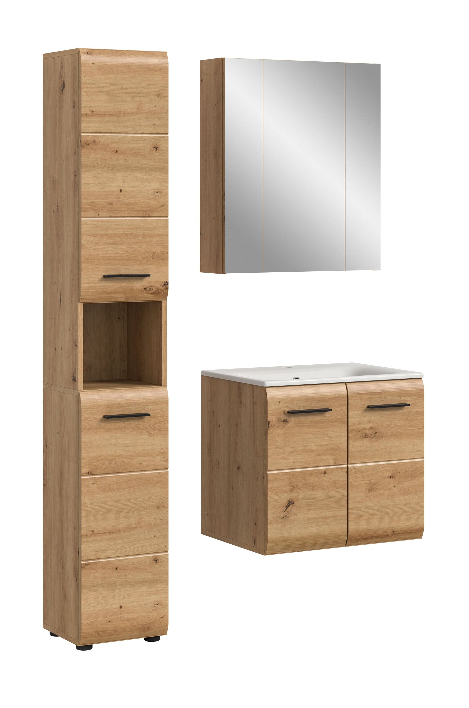 4-teiliges Badezimmer-Badmöbel-Set: Spiegel, Waschtischunterschrank und Hochschrank in Holzoptik