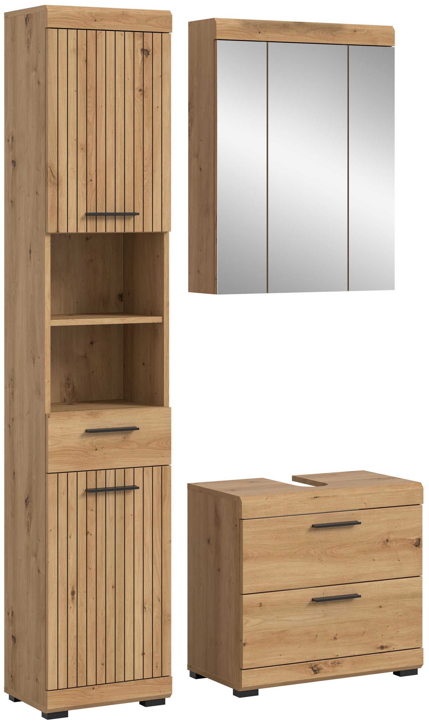Badezimmerset mit Spiegelschrank und Waschtischunterschrank in Artisan-Eiche hell