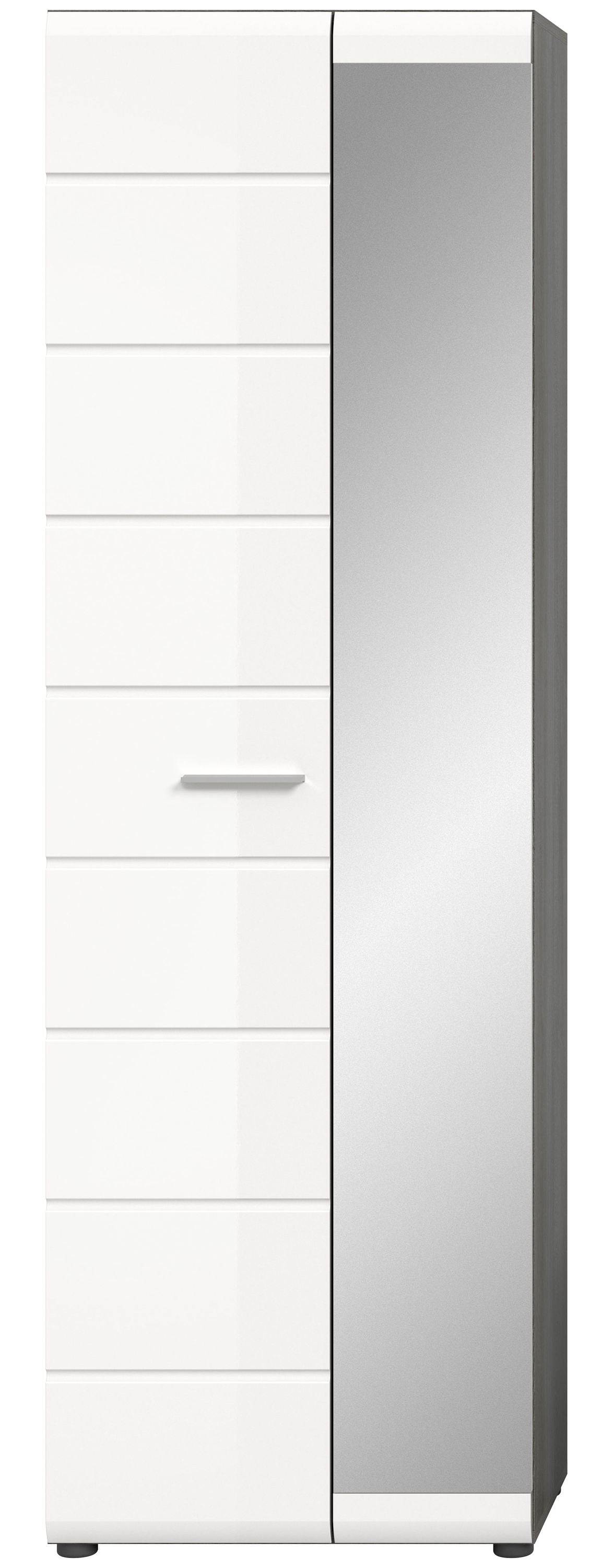 Garderobenschrank mit Spiegel, weißer Hochglanz, Seitenansicht mit Spiegelfront