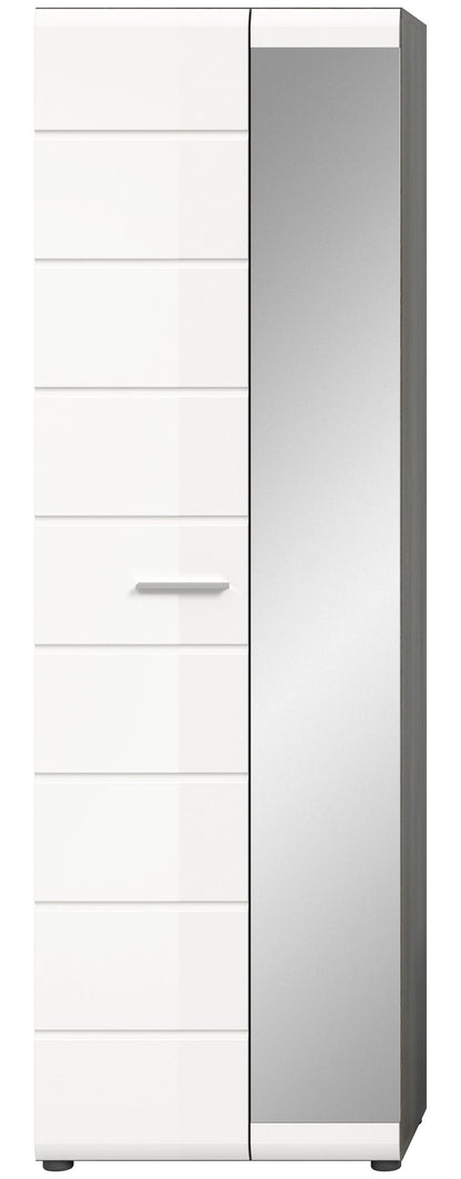 Garderobenschrank mit Spiegel, weißer Hochglanz, Seitenansicht mit Spiegelfront