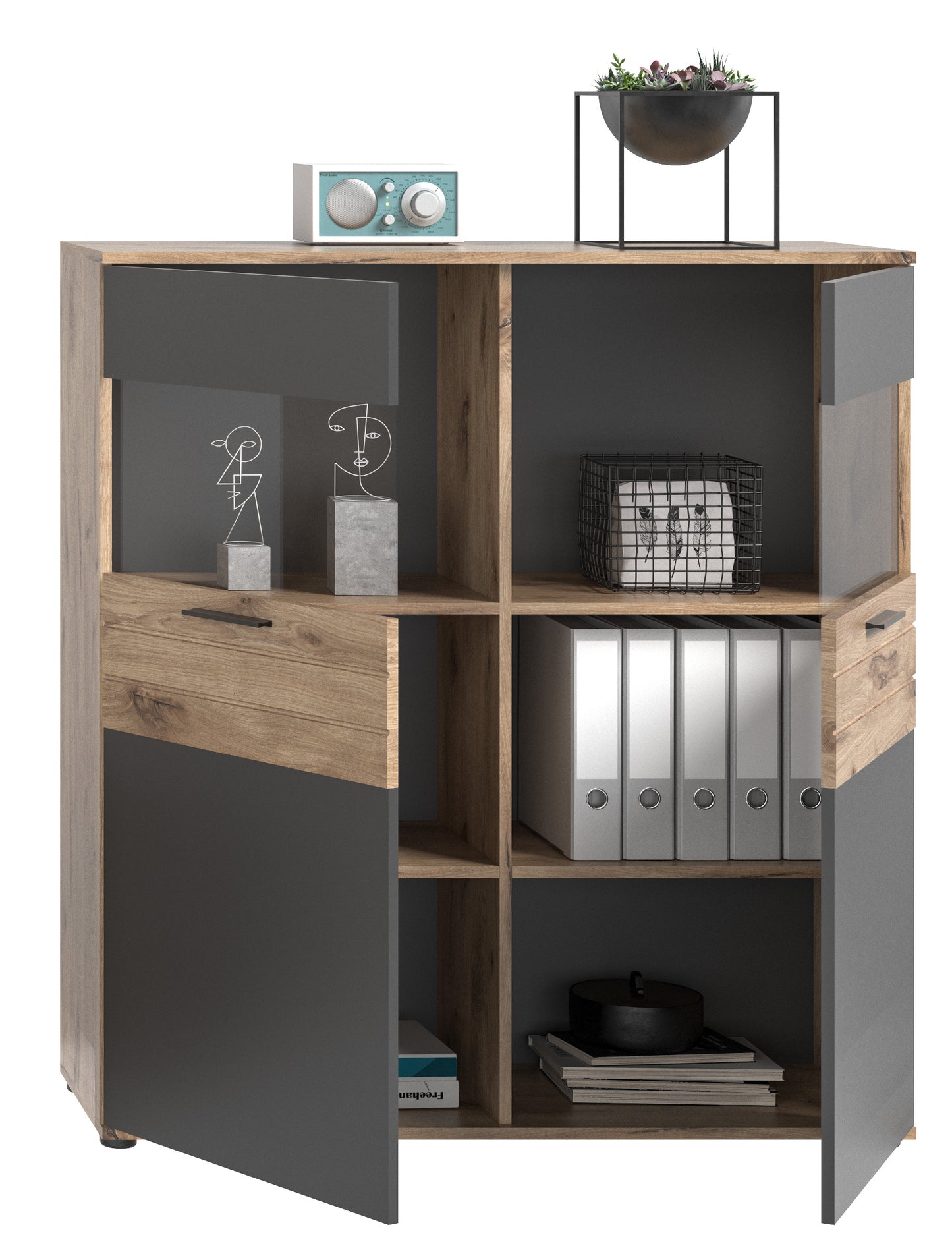 Vitrine MASON (L/H/P : env. 110/122/37 cm) en imitation chêne Nox/gris basalte