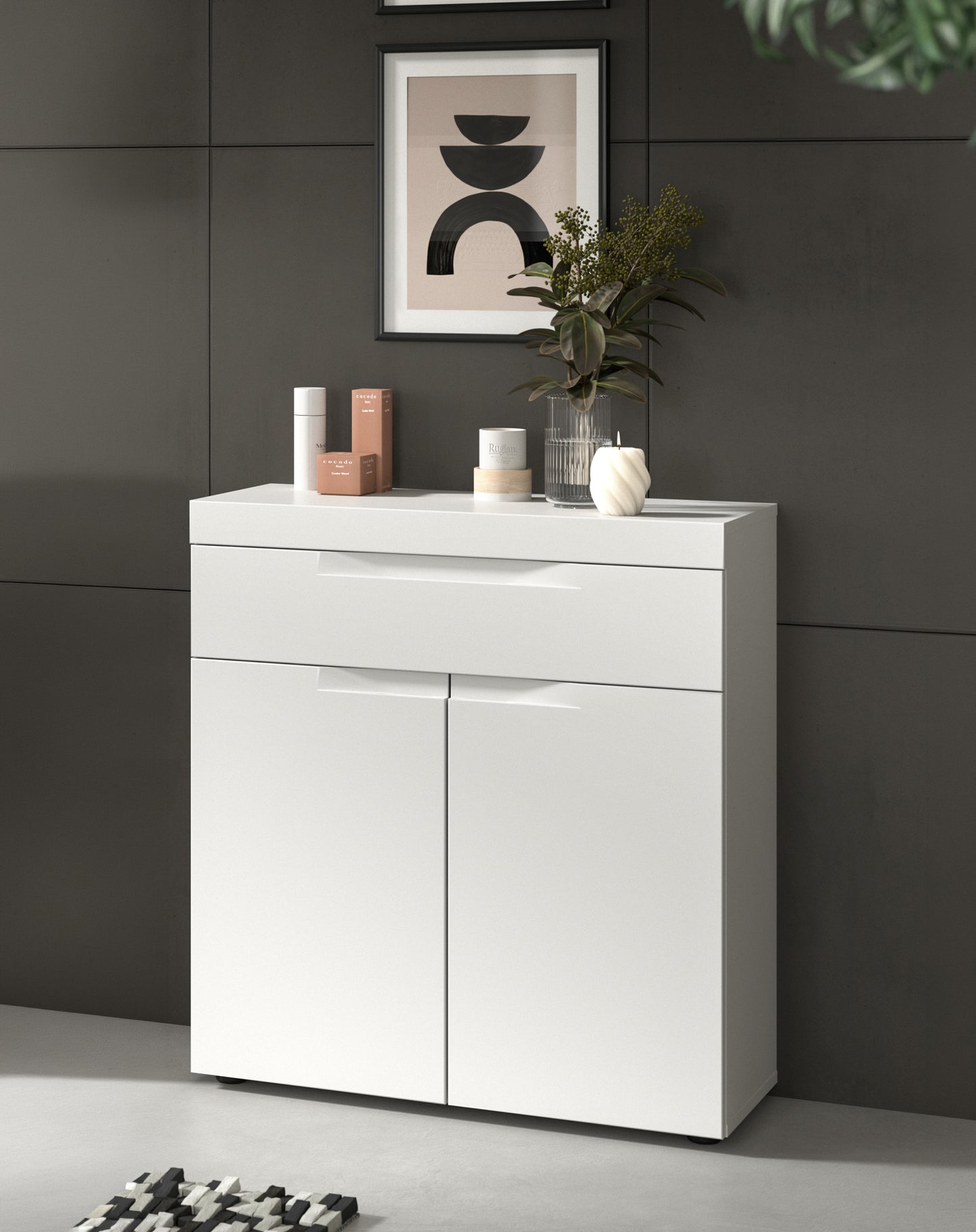 Viana Standschrank breit (B/H/T: 75x82x31 cm) in Weiß matt und Weiß