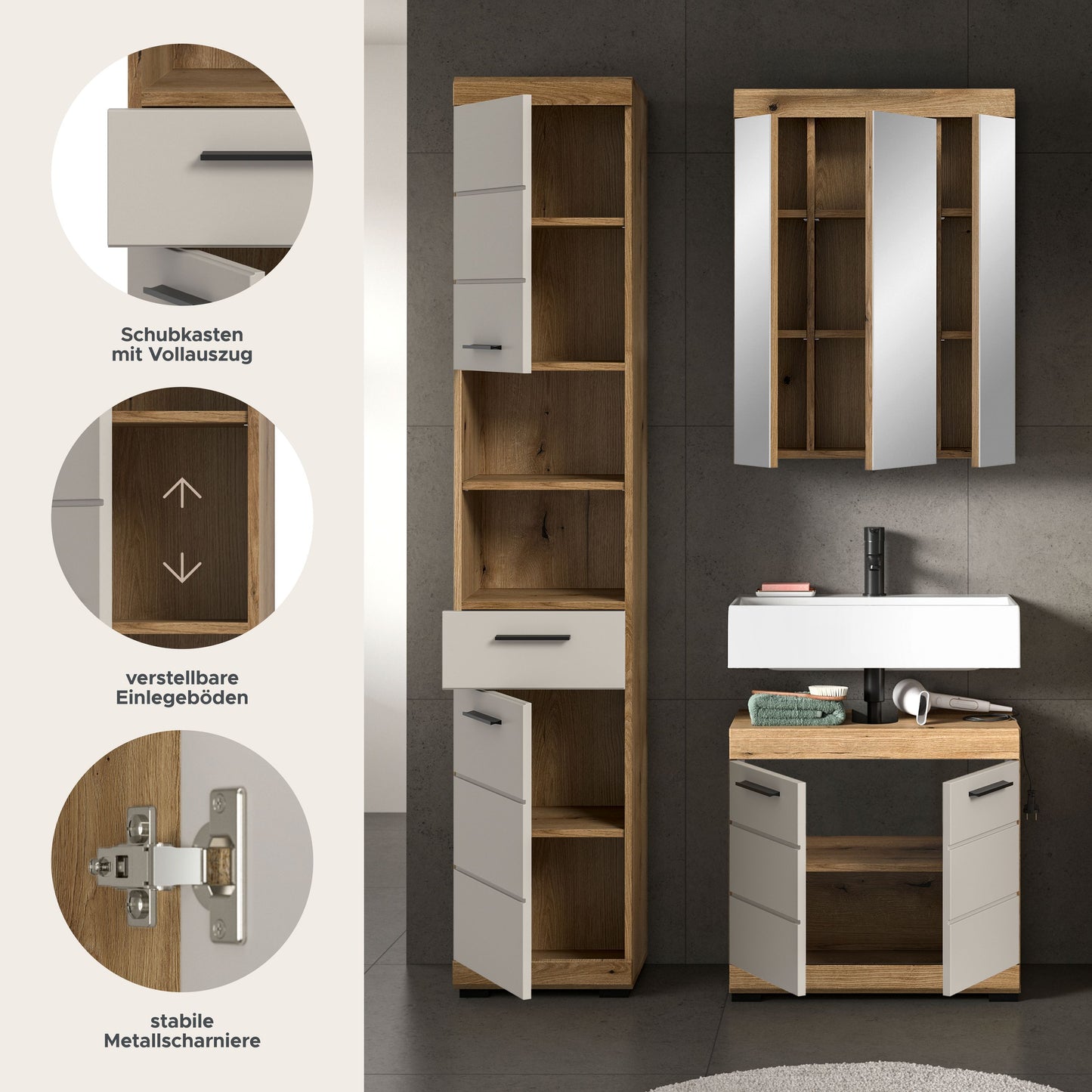 Badezimmerset mit Hochschrank und Spiegelschrank, weiße Front, Holzinnenböden und Schubladen