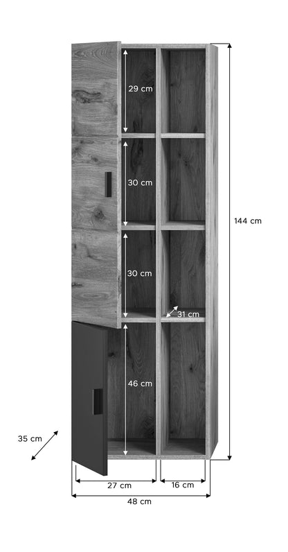Bad-Hängeschrank Holzoptik mit offenen Fächern und Maßangaben