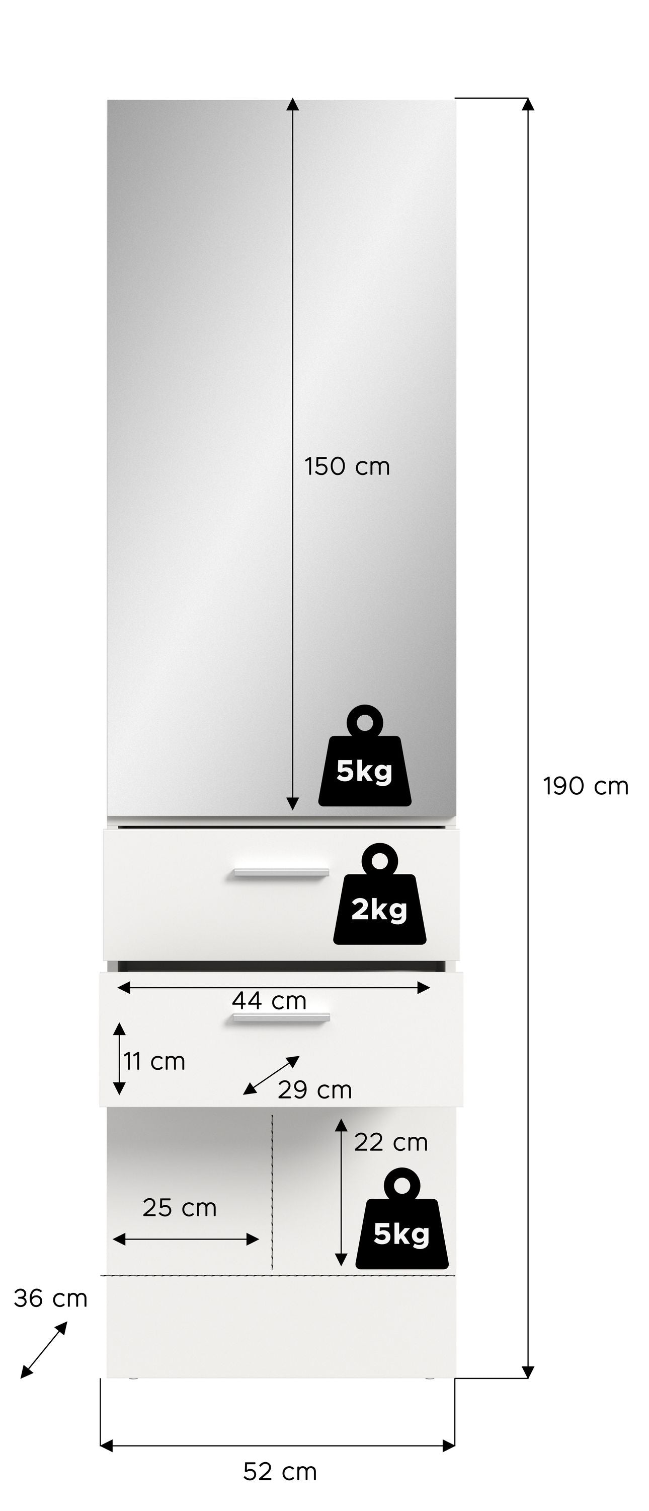 Kompaktgarderobe Maße: 190 cm Höhe, 52 cm Breite, 150 cm Spiegelhöhe