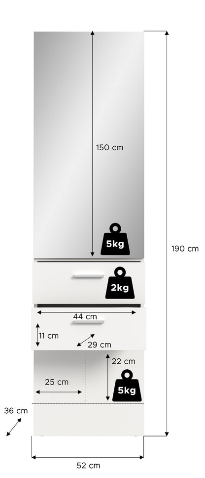 Kompaktgarderobe Maße: 190 cm Höhe, 52 cm Breite, 150 cm Spiegelhöhe