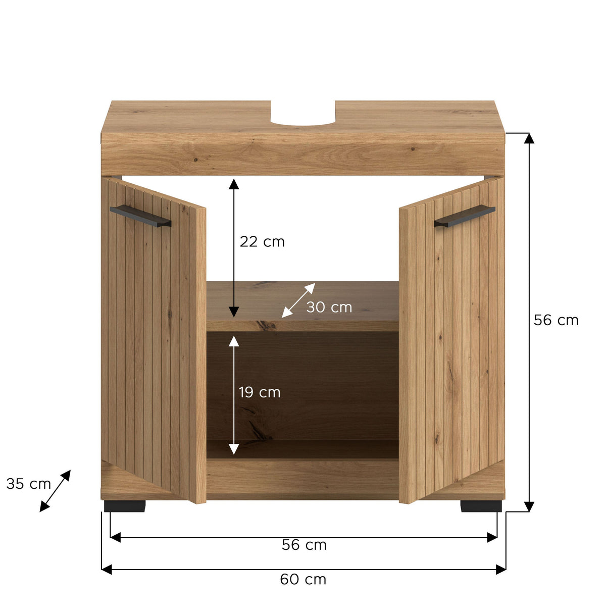 Waschbeckenunterschrank 60 cm Holzdekor mit Maßen: B 60 cm, H 56 cm, T 35 cm
