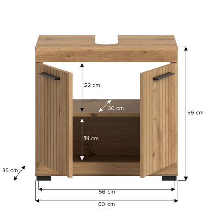 Waschbeckenunterschrank 60 cm Holzdekor mit Maßen: B 60 cm, H 56 cm, T 35 cm