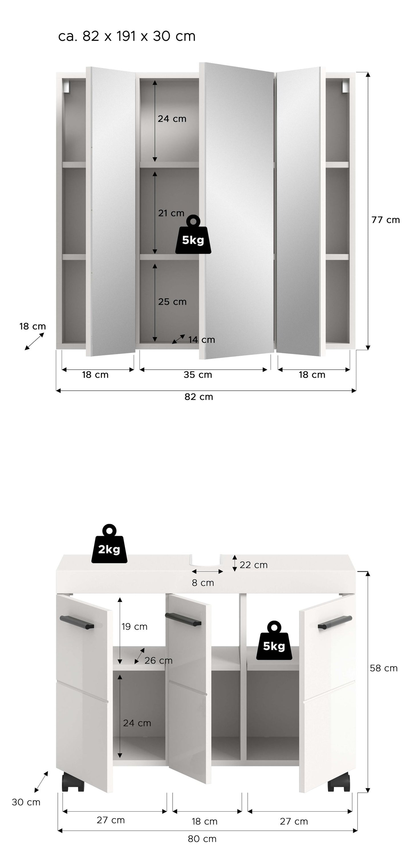 Ensemble de salle de bain NOVA (l/H/P : env. 82/191/30 cm) en blanc/blanc brillant