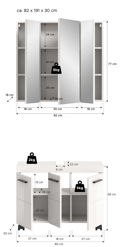 Ensemble de salle de bain NOVA (l/H/P : env. 82/191/30 cm) en blanc/blanc brillant