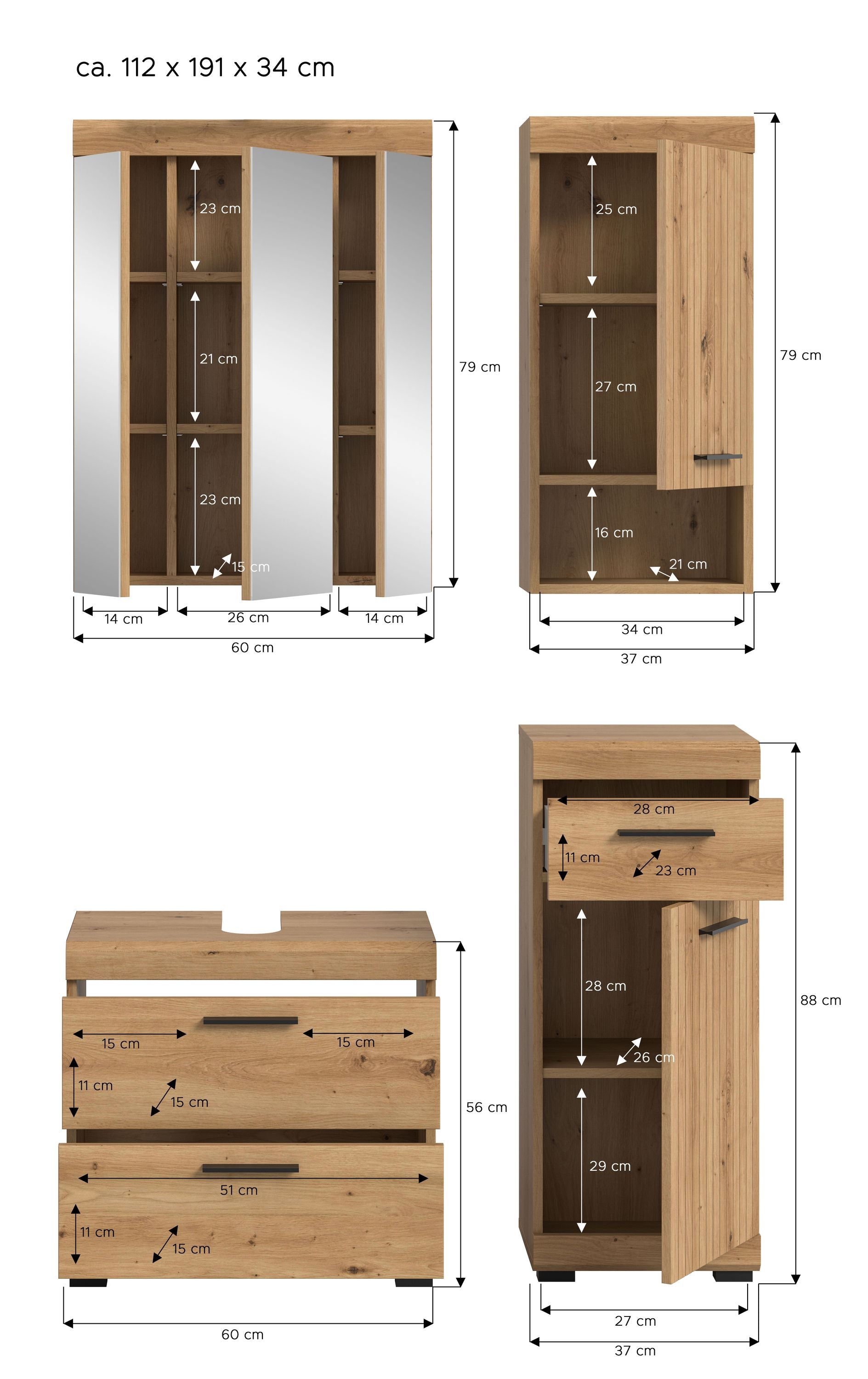 Badezimmerset mit Spiegelschrank, Waschtischunterschrank und Hochschrank in Holzoptik