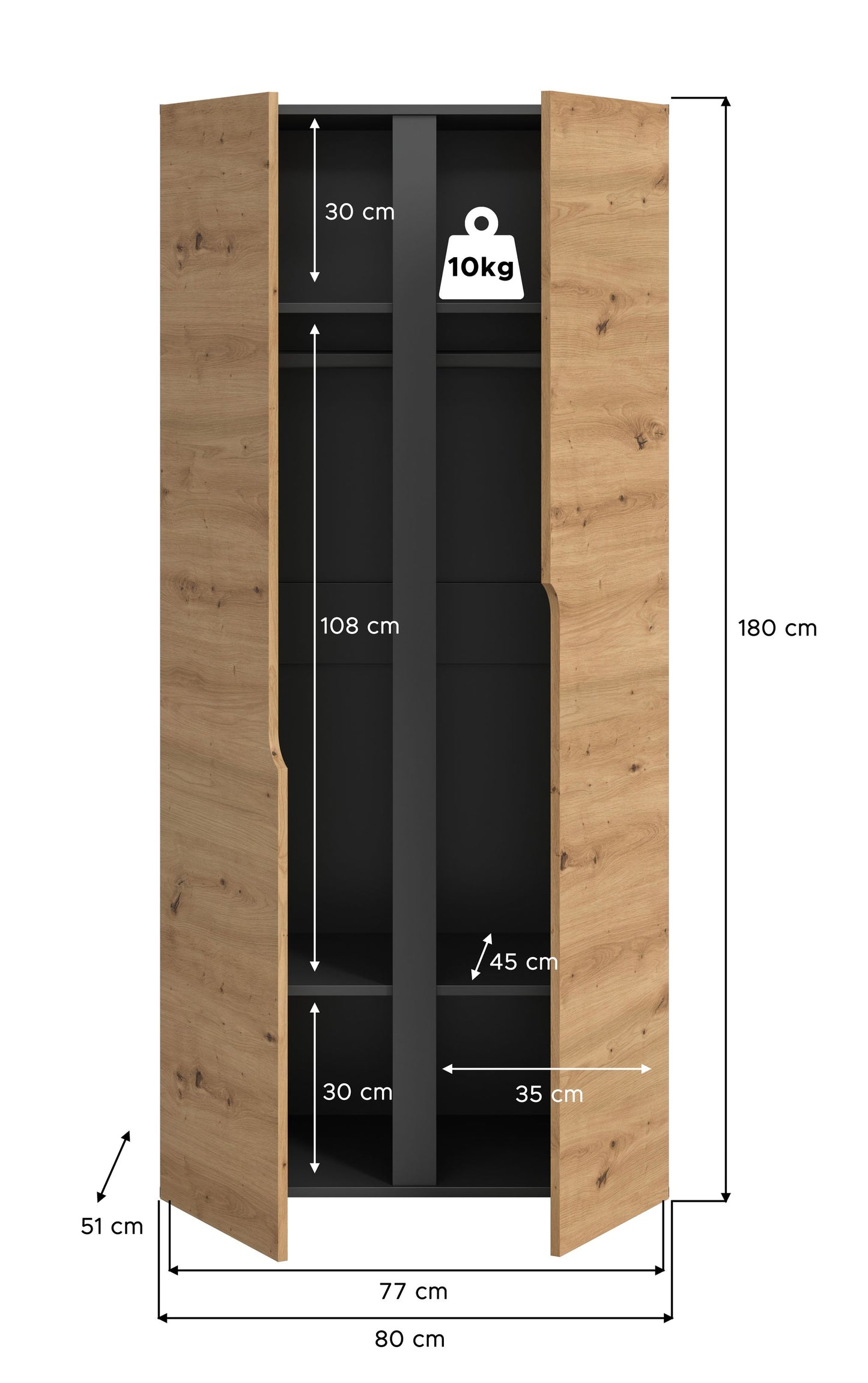 Armoire 2 portes ANGA (L/H/P : env. 80/180/51 cm) en anthracite/imitation chêne Artisan
