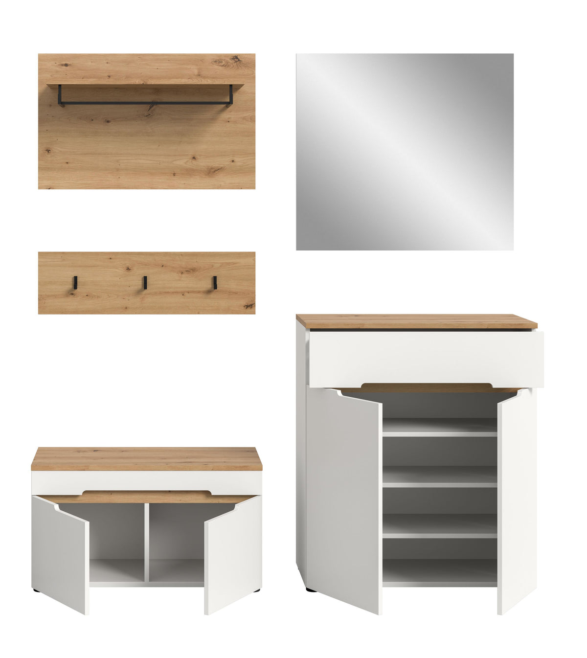 Garderoben-Schrank mit geöffneten Türen und Ablagefächern, Holzplatte und Innenregale