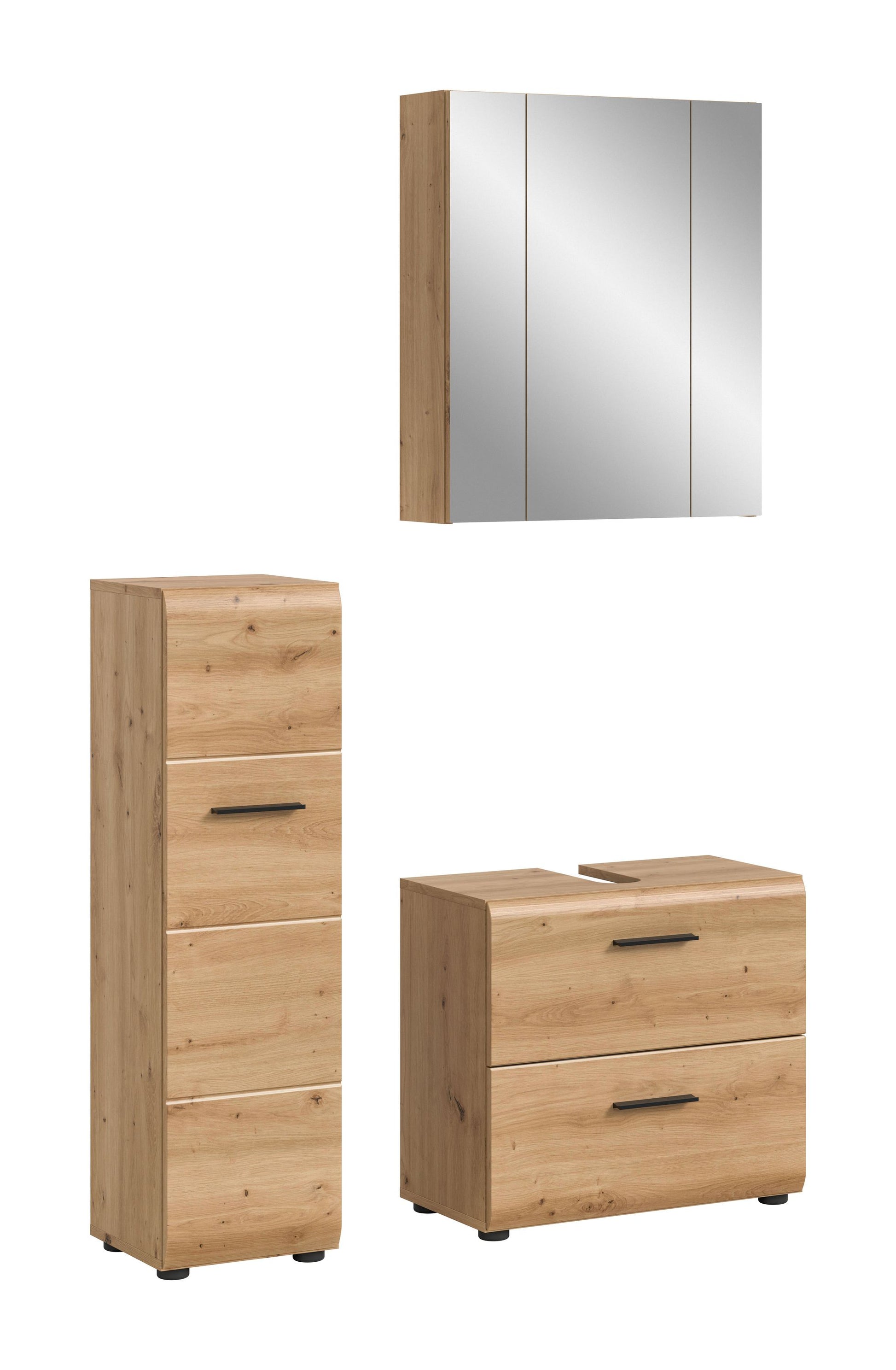 Badmöbel-Set aus hellem Holz mit Spiegel, Waschkommode und Hochschrank