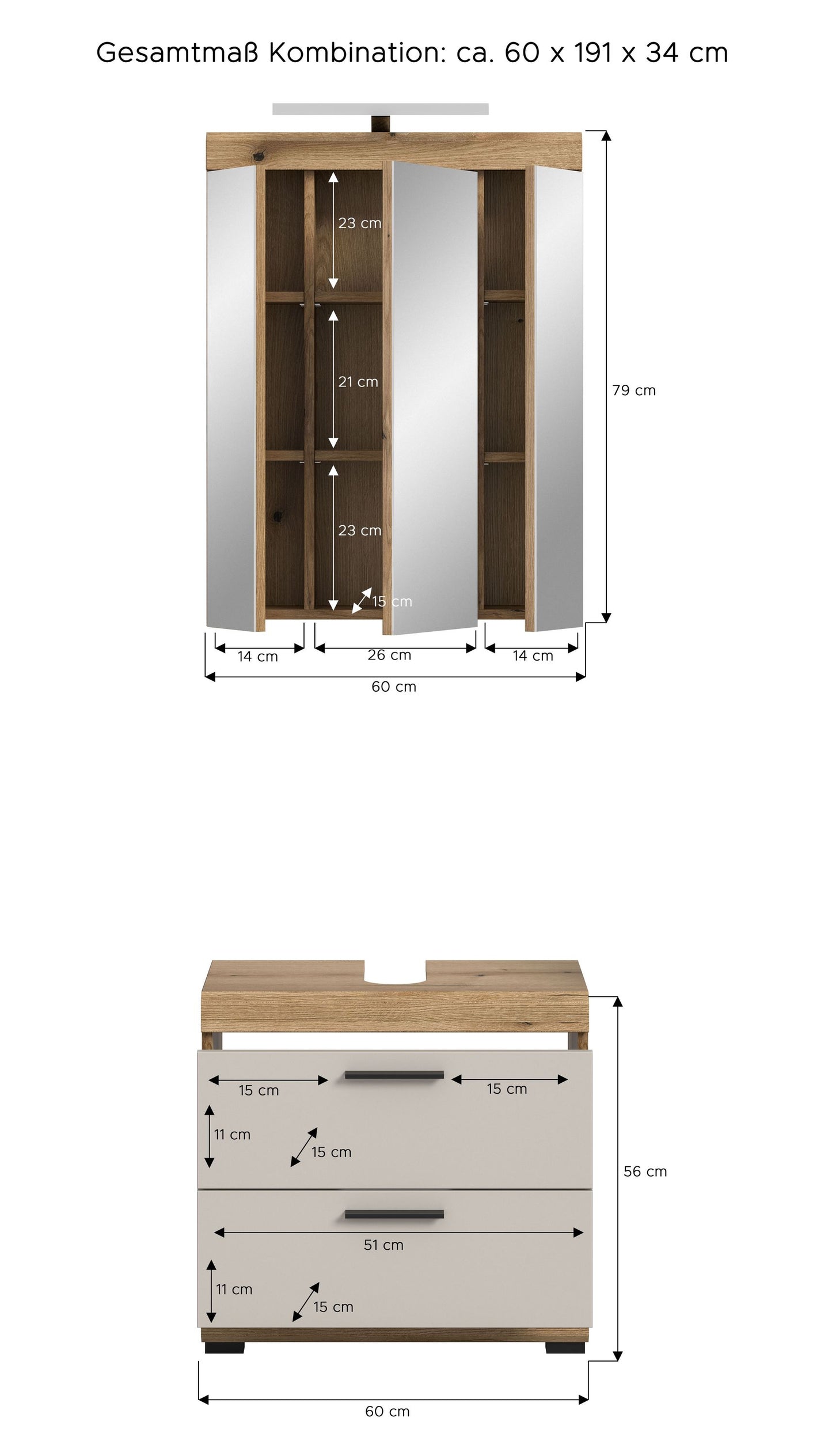 Badezimmerset mit Spiegelschrank über Waschtischunterschrank, helle Fronten und Holzoptik