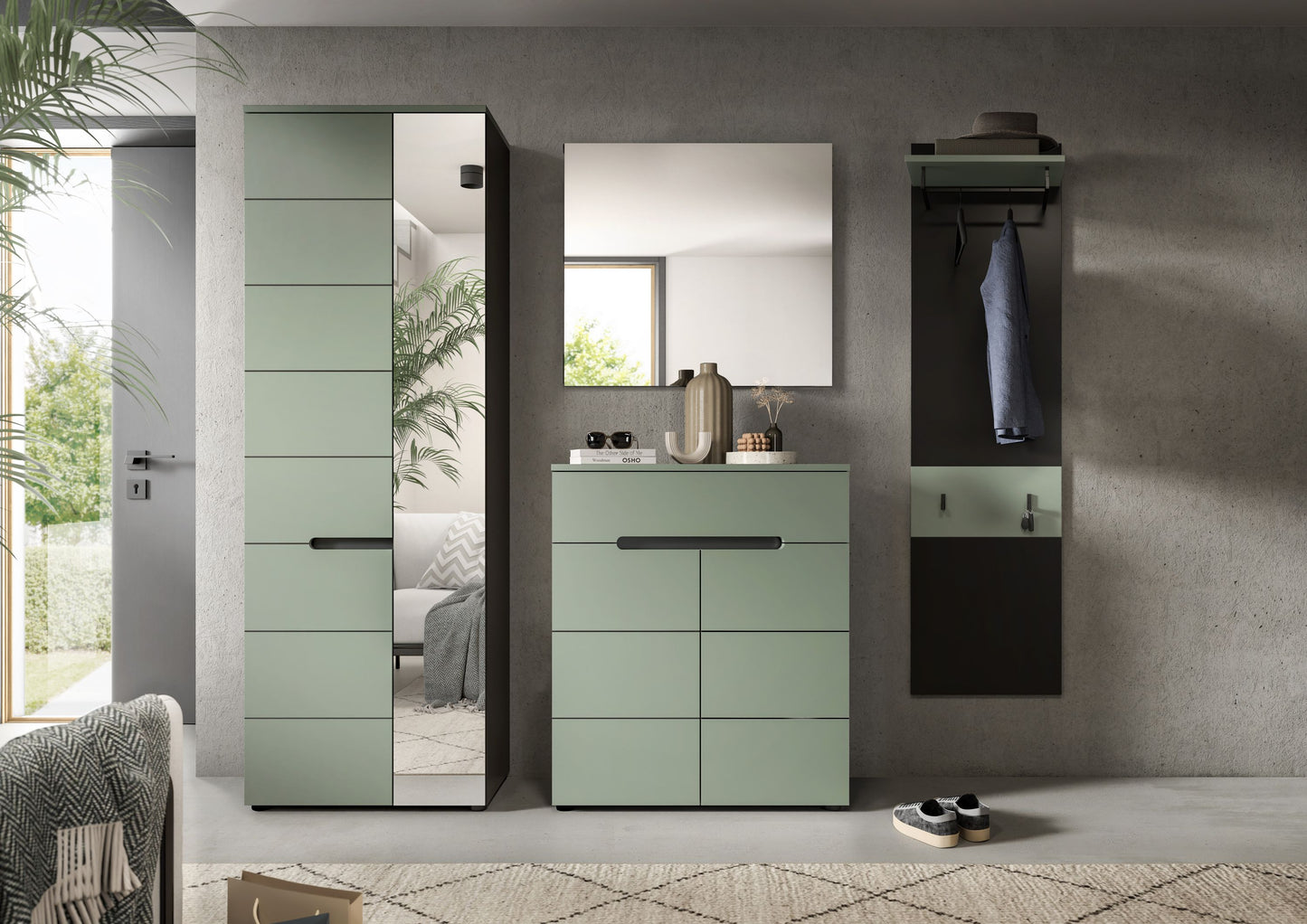 Ensemble de meubles d'entrée CANU (L/H/P : env. 220/190/37 cm) en gris basalte/vert fumé