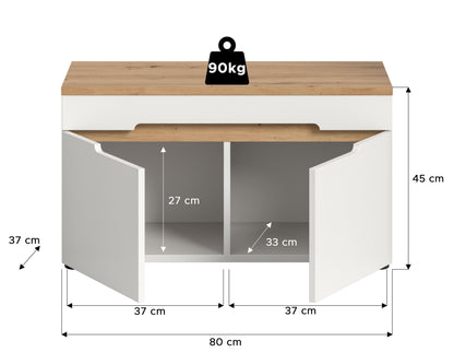 Garderoben-Sitzbank, Maße 80×45×37 cm, bis 90 kg, offene Innenansicht
