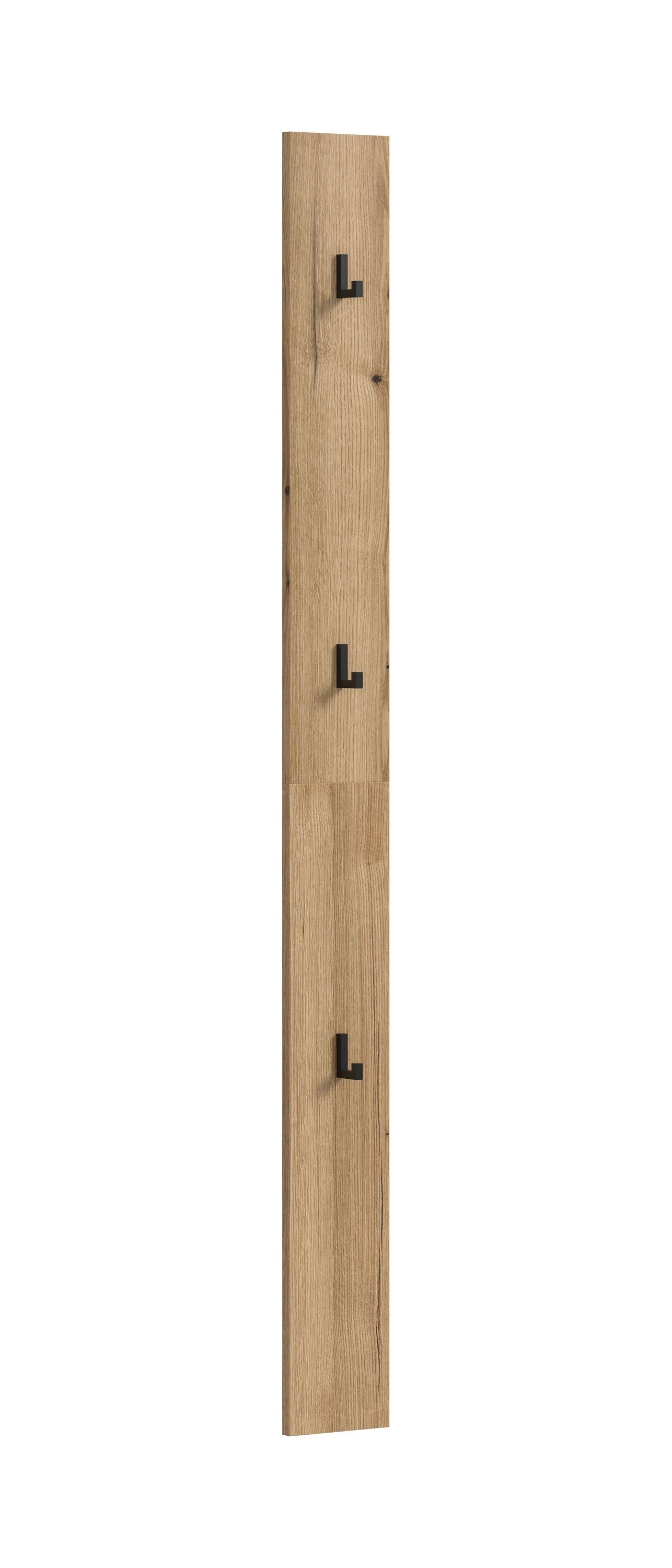 Holz-Hakenpaneel mit vier schwarzen Haken auf schmalem Vertikalbrett