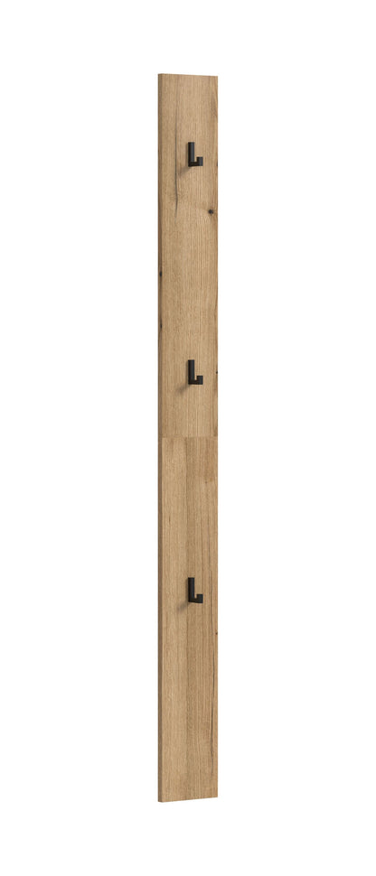 Holz-Hakenpaneel mit vier schwarzen Haken auf schmalem Vertikalbrett