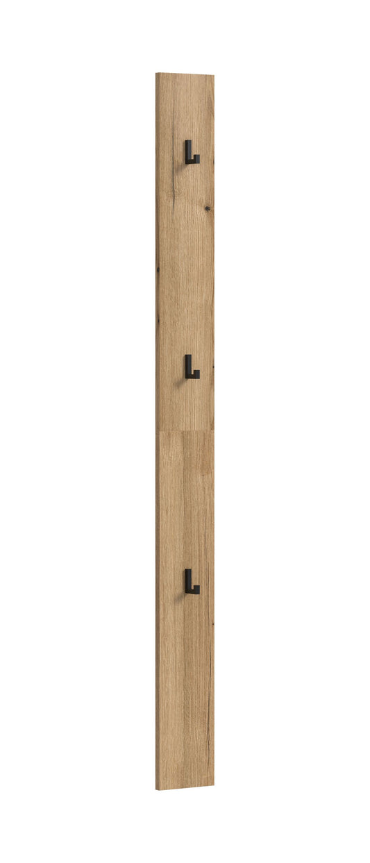 Holz-Hakenpaneel mit vier schwarzen Haken auf schmalem Vertikalbrett