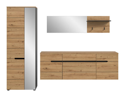Schmaler Homes & Jones Garderobenschrank neben Hängekommode mit Spiegelaufsatz, Eiche-Look