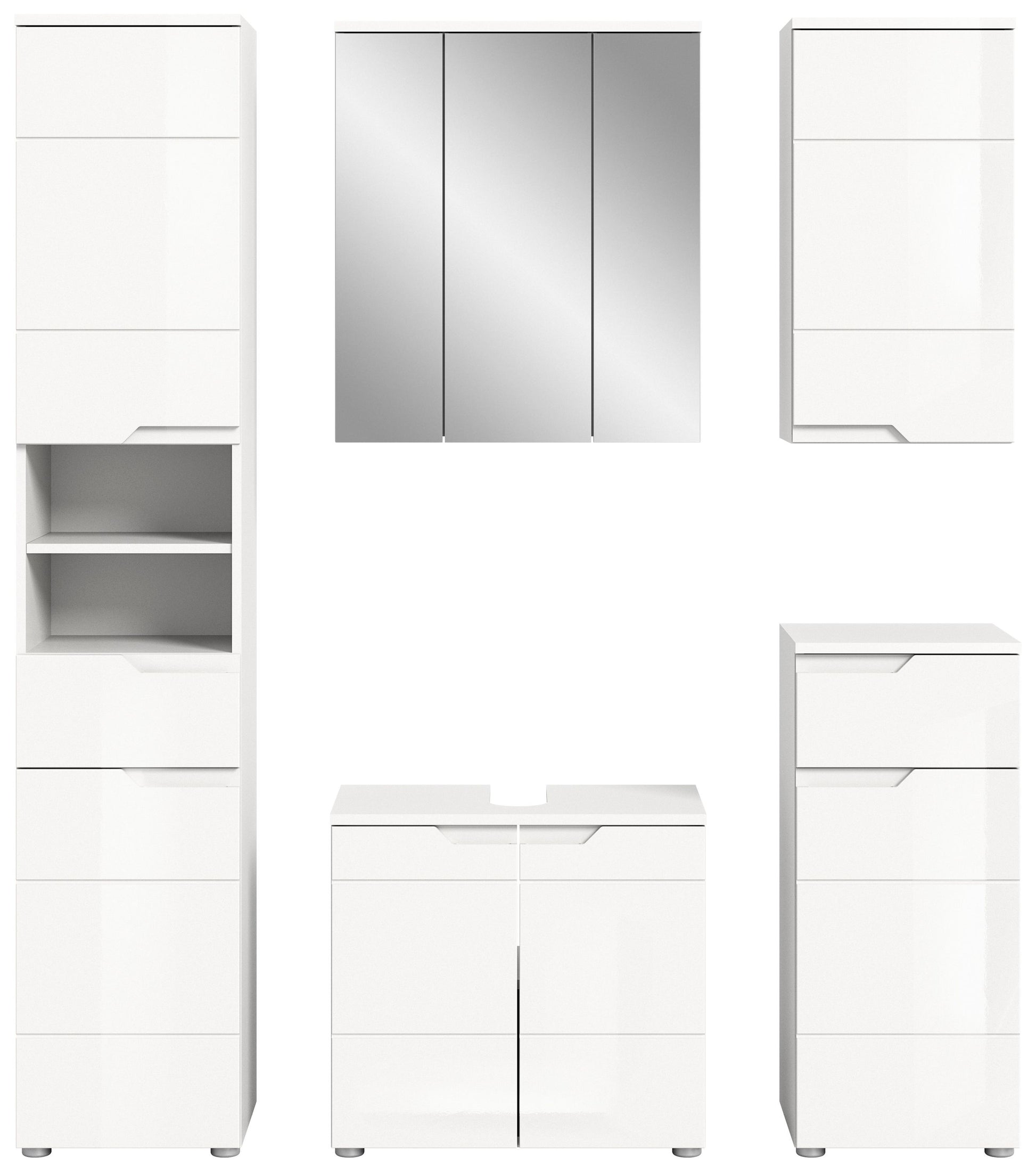 Badezimmermöbel-Set mit weißen Hochglanzfronten: Hochschrank, Unterschrank und seitliches Fach