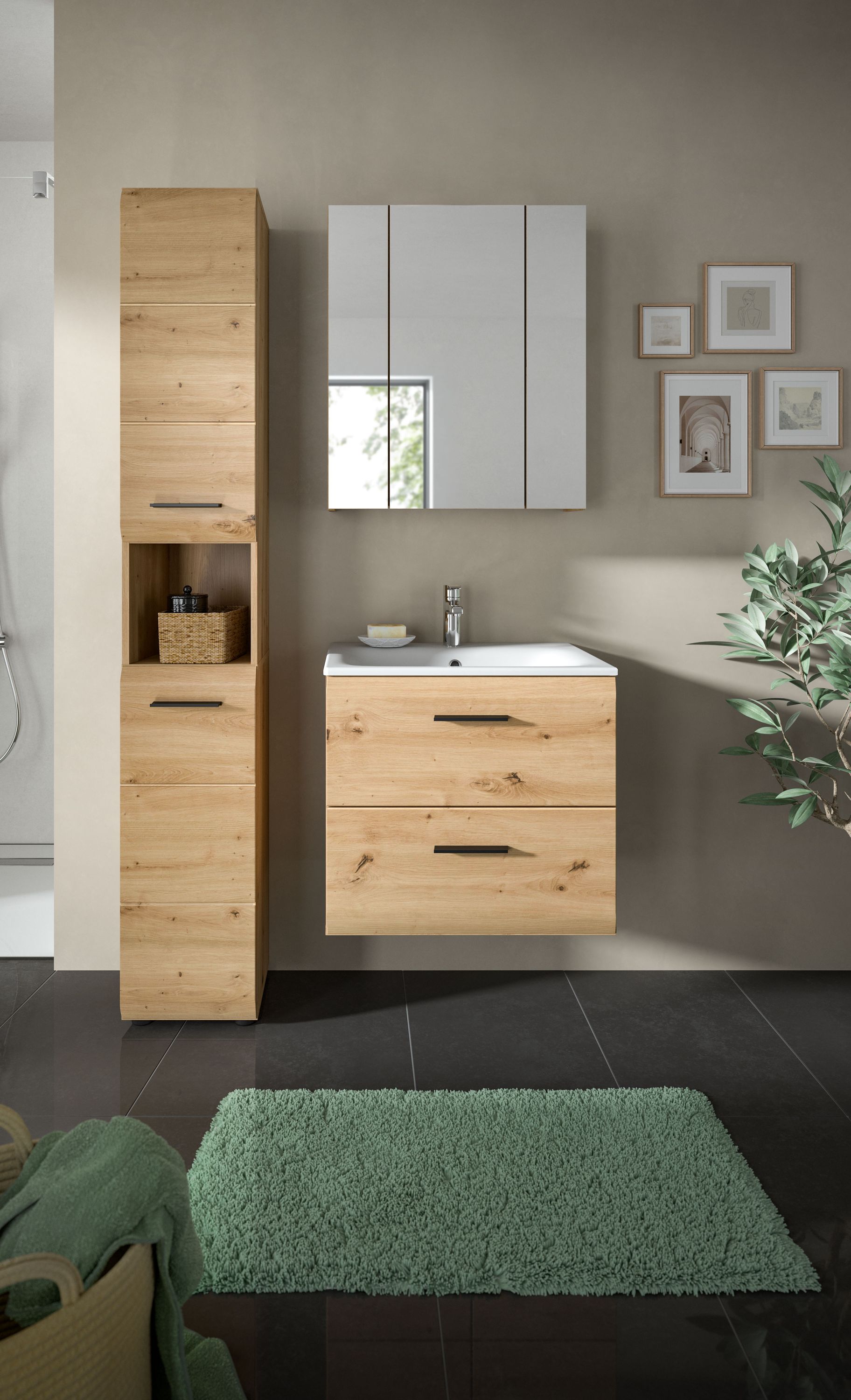 Badezimmermöbel-Set mit Holz-Waschtisch, Spiegeloberschrank und hohem Stauraumschrank