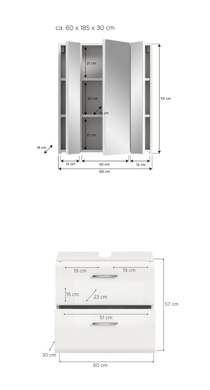 Homes & Jones Badmöbelset 2-tlg., Schrank 60 cm rollbar, Badspiegelschrank 3-trg
