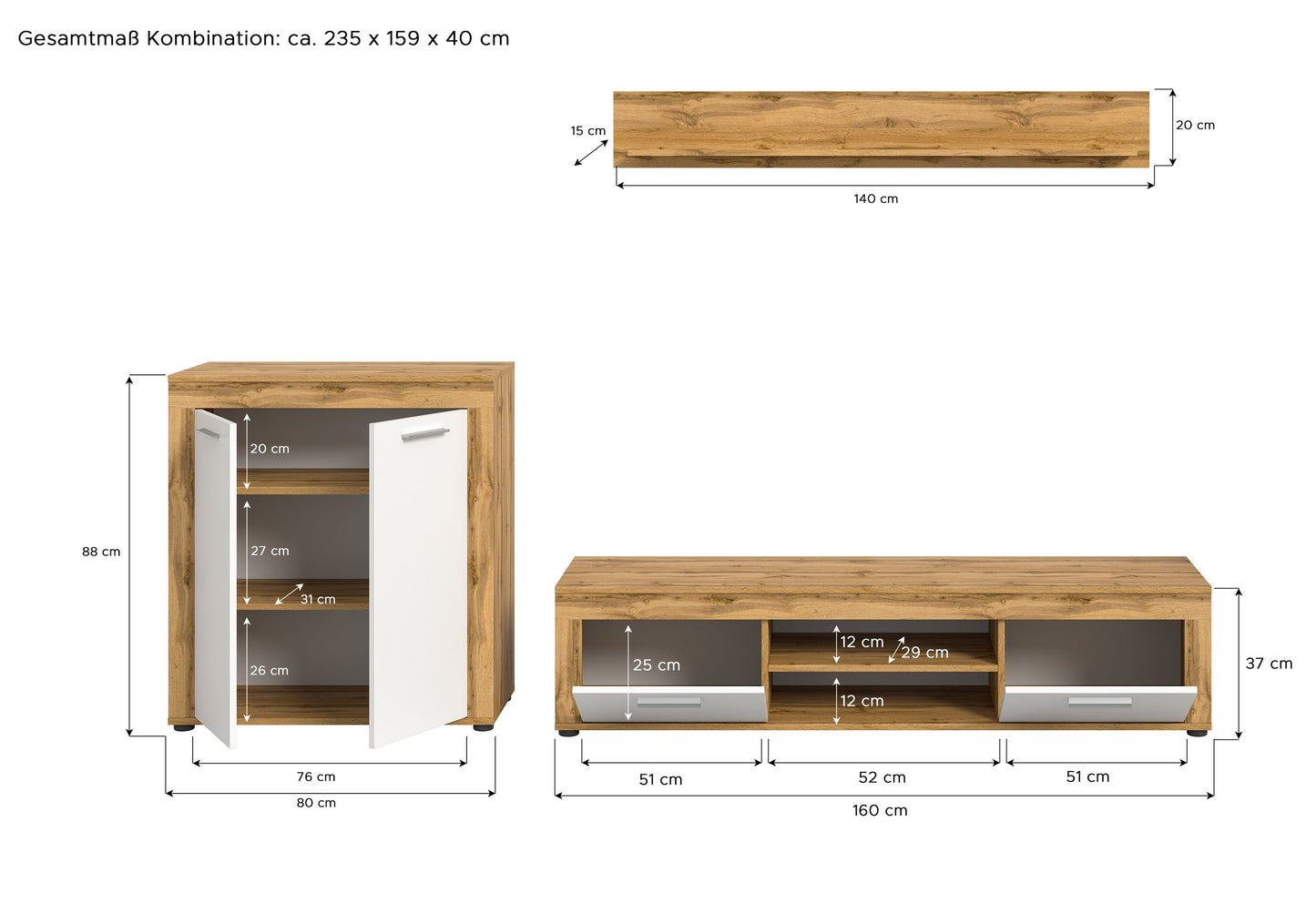 Meuble TV JAM (L/H/P : env. 255/159/40 cm) en imitation chêne Wotan/gris