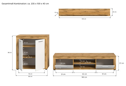 Meuble TV JAM (L/H/P : env. 255/159/40 cm) en imitation chêne Wotan/gris